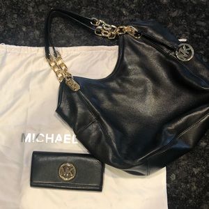 Michael Kors Black Leather Purse & Matching Wallet